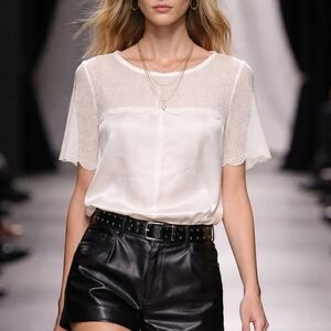 The Kooples Silk White Lace Trim Short Sleeve Scalloped Blouse Top Size Small